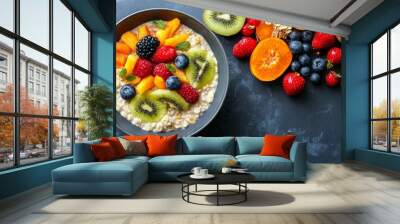 Nourishing morning meal featuring oatmeal enhanced with a medley of fresh fruits. [992] --ar 16:9 --v 6.1 Job ID: 3829f858-ed7a-48ca-b434-d8a3c683b8ff Wall mural